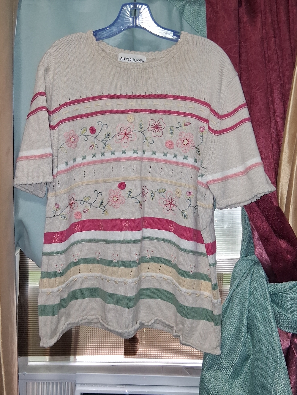 Alfred Dunner Floral Embroidered Striped Cable Sweater Top Size 1X